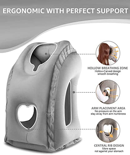 Inflatable Travel Pillow - Multifunctional Travel Pillow for Adult Chin Supporting Travel Neck Pillow Airplane Sleeper Office Napping Pillow with Eye Mask, Earplugs and Portable Bag