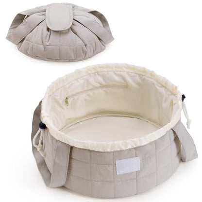 Narwey Lay Flat Open Drawstring Makeup Bag, Large Quilted Cosmetic Bag for Women Girls, Cute Make up Bags with Handle, Portable Travel Toiletry Bag for Skincare, Brushes & Travel Essentials (Khaki) - color: B-Quilted Khaki
