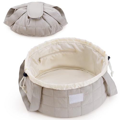 Narwey Lay Flat Open Drawstring Makeup Bag, Large Quilted Cosmetic Bag for Women Girls, Cute Make up Bags with Handle, Portable Travel Toiletry Bag for Skincare, Brushes & Travel Essentials (Khaki) - color: B-Quilted Khaki