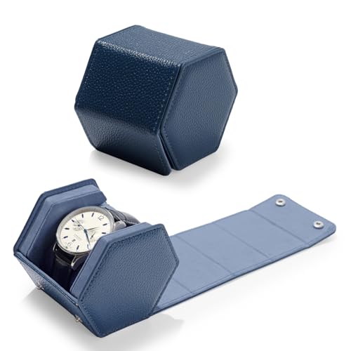 Oirlv Luxury Hexagonal Leather Watch Travel Case Single Watch Box for Men Portable Jewelry Storage Roll Organizer(1-Slot,Blue) - color: Blue, size: 1-Slot