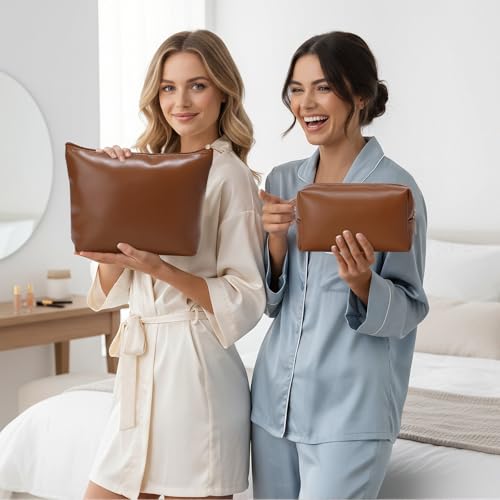 Kigeli 2 Pcs PU Leather Makeup Bag Set for Women Waterproof Aesthetic Cosmetic Bag Large & Small Travel Toiletry Organizer Pouch Skincare Organizer Bridesmaid Mother's Day Birthday Gift(Brown) - color: Brown