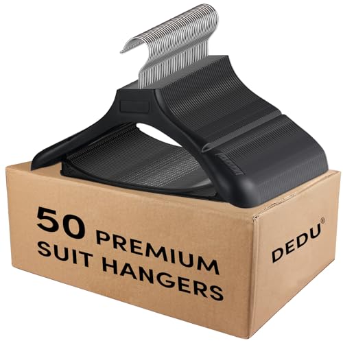DEDU Suit Hangers for Men 50 Pack, Black Coat Hangers Extra Wide Non Slip Width 17.7", Thick Plastic with Pants Bar & Metal Hook - color: Black, size: 50 Pack