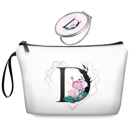 Initial D Bride Gifts for Women – Personalized Letter D Travel Makeup Bag Set with Mirror, Monogram D Cosmetic Pouch for Bridesmaid Maid of Honor Wedding Bridal Shower - color: Diamond-like Ietter D Floral-white-2S