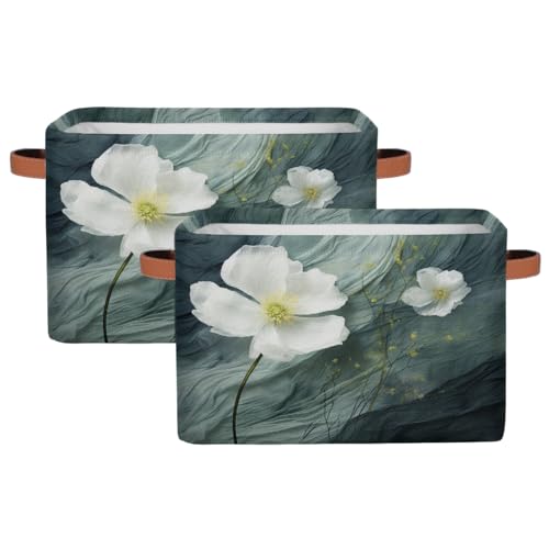 White Floral Flower Rectangular Storage Bin Collapsible Storage Basket Organizer Boxes with Leather Handle Storage Cube for Shelves Toy Laundry Nursery 2 PC - color: White Floral Flower, size: 2 Pcs