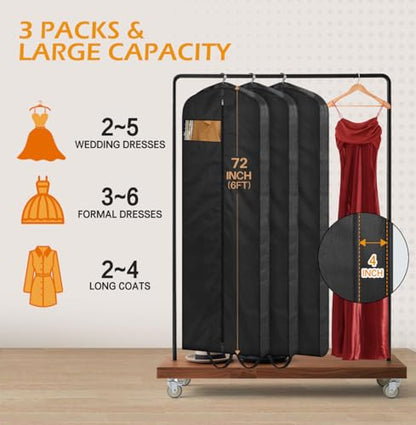 MISSLO 72" Wedding Dress Garment Bag Waterproof Garment Bags for Travel for Women Dress Bags for Gowns Long for Closet Storage 3-Pack, Black - size: 72 inch