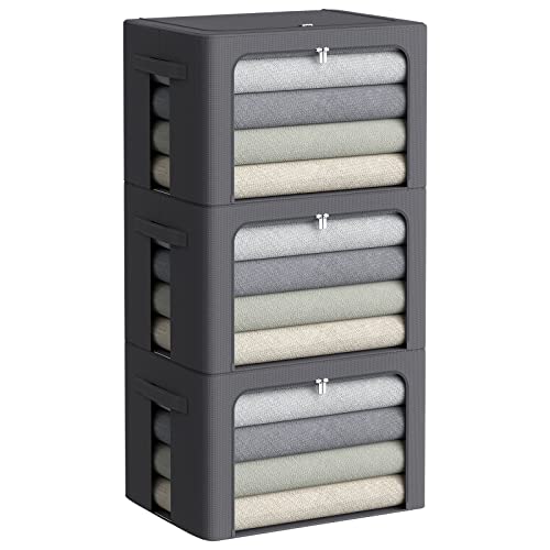 CYhom 3Pack Stackable Clothes Storage Bins - Oxford Frame Storage Box Foldable Clothing Storage Container Organizer Set with Clear Window & Carry Handles Large Capacity (Dark Gray, Large-66L) - color: Dark Gray, size: Large-66L