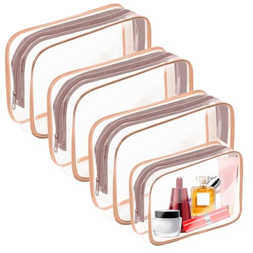 AURUZA Clear Makeup Bag,Portable Travel Toiletry Bags with Zipper, TSA Approved Clear Organizer Bags, PVC Cosmetic Pouch for Airport Airline Compliant - color: 4 Packs Rose Pink