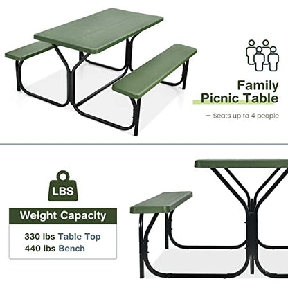 COSTWAY Outdoor Picnic Table, HDPE Plastic Picnic Table Bench Set with Weather Resistant Tabletop & Wood Texture, Ideal for Patio, Backyard (59" D x 54" W x 28.5" H,Green) - color: Green