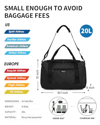 ECOHUB 16'' Personal Item Bag Mini Duffel Bag Small Travel Bag Underseat Carry on Bag for United Airlines Gym Bag for Women and Men - color: Black with shoulder strap