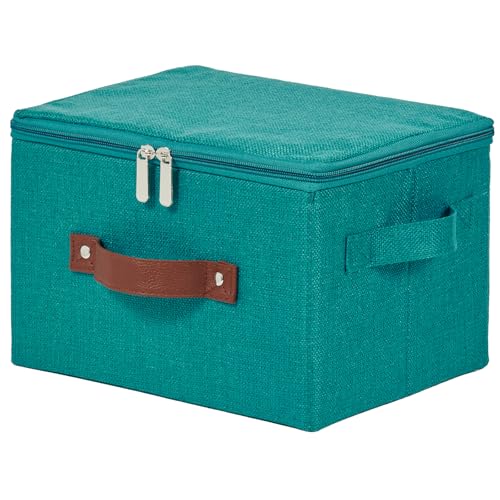 Storage Bins with Zipper Lid Cotton Linen Fabric Lidded Storage Baskets Boxes Foldable Washable Closet Shelf Clothes Organizer Container with PU Leather Handles (Teal Blue, Small) - color: Teal Blue, size: Small ( Set of 1 )