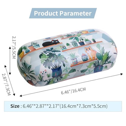 PERFECTSIGHT Sunglasses Case, Large Hard Shell Glasses Case, Cute PU Leather Protective Eyeglasses Case for Women Men - color: Green Plant Cat