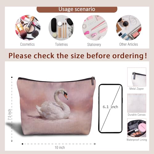 Pink White Swan Makeup Bag, Swan Animal Lovers Gifts Cosmetic Bags for Women, Pink Preppy Elegant Animal Makeup Zipper Pouch - color: Pink White Swan