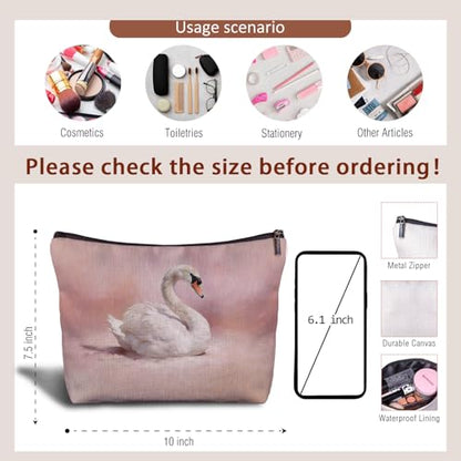 Pink White Swan Makeup Bag, Swan Animal Lovers Gifts Cosmetic Bags for Women, Pink Preppy Elegant Animal Makeup Zipper Pouch - color: Pink White Swan