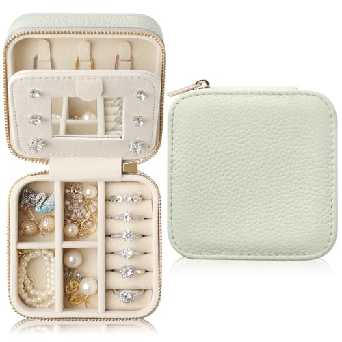 Genuine Leather Travel Jewelry Case Organizer with Mirror for Women, Small Jewelry Box Portable Mini Jewelry Case for Earring, Ring, Necklace, Bracelet（Lychee Grain Mint Green） - color: Lychee Grain Leather Mint Green