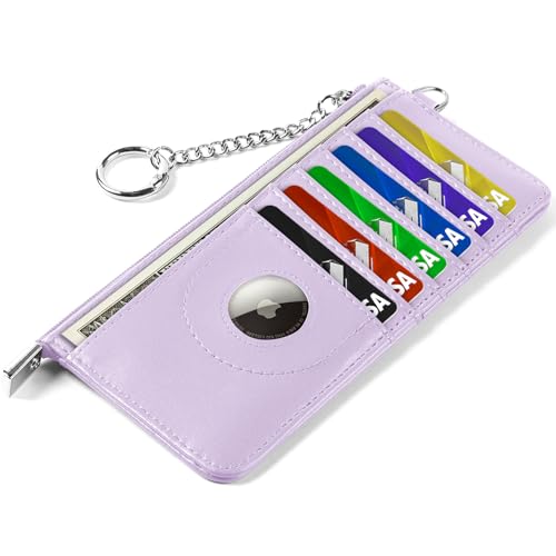 RFID Blocking Slim Credit Card Holder Wallet with Zipper Money Pocket & Keychain, Slim Airtag Wallet for Men Women - color: Cowhide Lilac