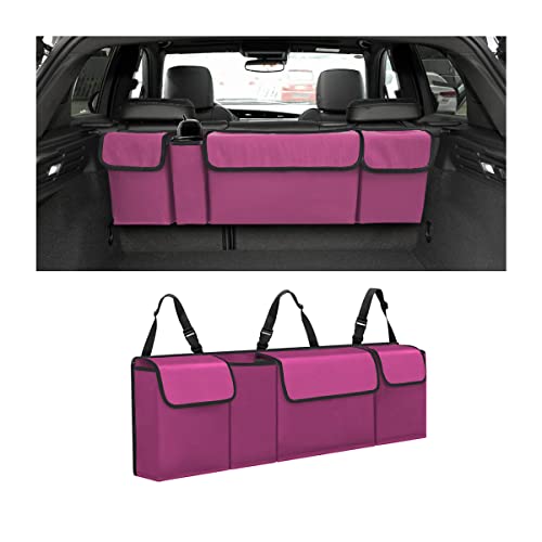 AUCELI Car Trunk Organizer, Backseat Hanging Large Storage with Adjustable Straps, Waterproof Collapsible Cargo Bag with 4 Pockets, Sturdy Space Saver Frees Trunk Floor for SUV, Truck, MPV - color: Purple