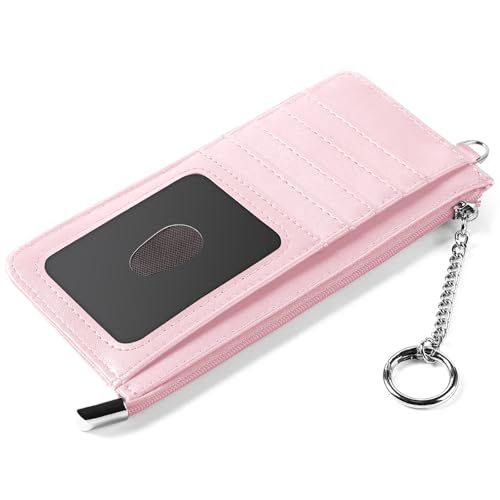 RFID Blocking Slim Credit Card Holder Wallet with Zipper Money Pocket & Keychain, Slim Airtag Wallet for Men Women - color: Cowhide Pink