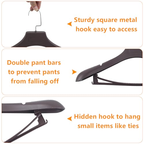 Suit Hangers for Men 6 Pack, Brown Coat Hangers Extra Wide Non Slip Width 17.7", Thick Plastic with Pants Bar & Metal Hook - color: Brown, size: 6 Pack