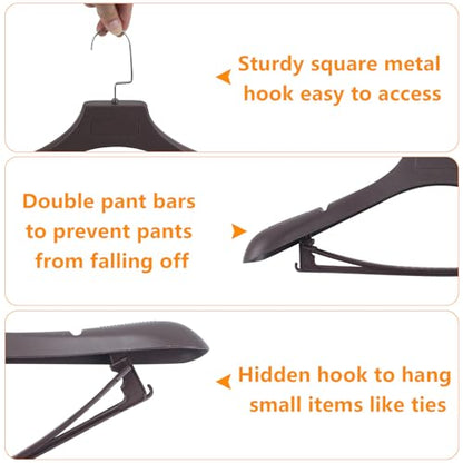 Suit Hangers for Men 6 Pack, Brown Coat Hangers Extra Wide Non Slip Width 17.7", Thick Plastic with Pants Bar & Metal Hook - color: Brown, size: 6 Pack