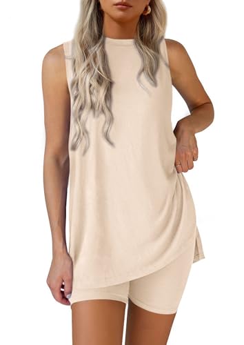 PRETTYGARDEN 2 Piece Sets for Women 2026 Summer Matching Lounge Shorts Set Resort Airport Travel Loungewear Outfits Clothing - color: Beige, size: Small