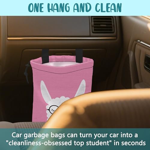 Car Garbage Bag Cute White Alpaca in Glasses Drawstring Car Trash Bag Hanging for Back Seat with Adjustable Buckle Canvas Vehicle Trash Can Easy-to-Install - color: Cute White Alpaca in Glasses