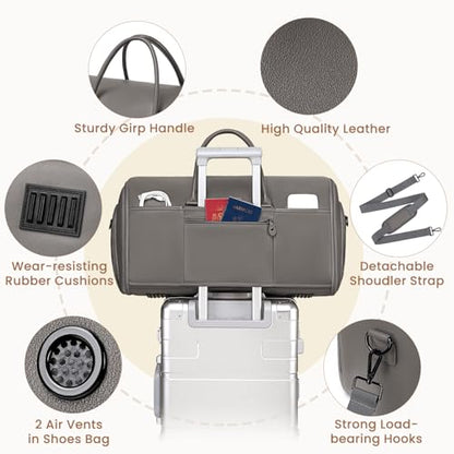 Suit Bag Travel,Vessgra 2 in 1 Leather Duffle Bags for Men 56L Duffel Bags for Traveling PU Leather Garment Bag with Shoe Compartment,Travel Carry on Bag Weekender Bussiness Wedding,Grey - color: Grey