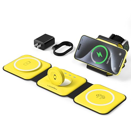 3 in 1 Charging Station for Multple Devices,Foldable 3 in 1 Wireless Charger for Travel,Nano Wireless Charging Station for iPhone16 15 14 13 12 Pro Max/Watch 10 9 8 7 6 5 4 3 Ultra/AirPod Pro - color: Yellow