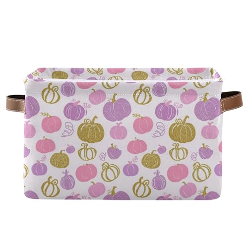 Wamika Pumpkin Pink Purple Storage Basket with Waterproof Liner and PU Handles Fall Thanksgiving Day Storage Bins Boxes 14.2" Collapsible Decorative Organizer Baskets for Bedroom Closet Office 1 Pack - color: Pumpkin, size: 1 Pack