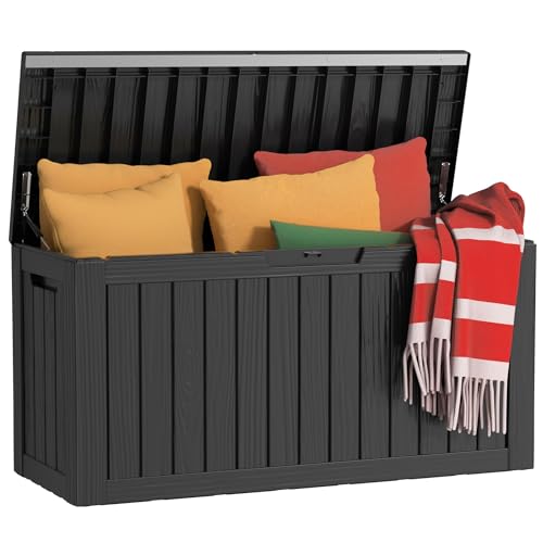 80 Gallon Outdoor Deck Box, Lockable Waterproof Outdoor Storage Boxes For Garden Tools,Indoor Cushions,Accessories Outside Storage Resin Weatherproof Container(Black) - color: Black, size: 80 Gallon