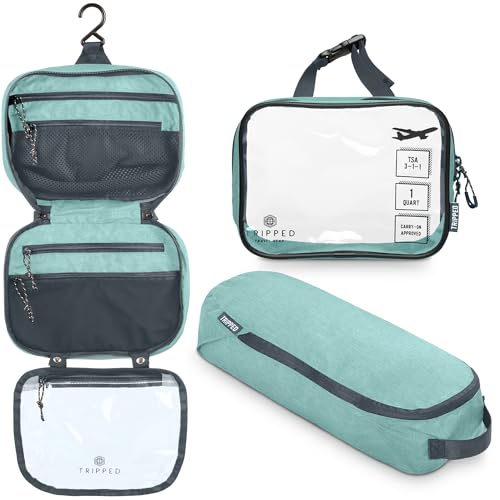 Toiletry Bag Kit 3 Piece Set: Hanging Travel Toiletry Bag + 311 TSA Cosmetic Liquid Bag + Accessory Organizer Pouch - color: Turquoise