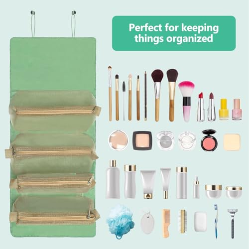 Roll Up Makeup Bag, Hanging Toiletry Bag, 4 in 1 Detachable Cosmetic Bag, 4 Removable Storage Bags, Travel Makeup Organizer Bags for Women Men(Green) - color: Green
