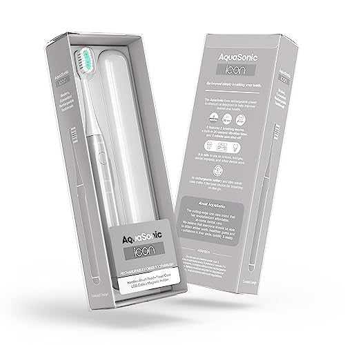 Aquasonic Icon ADA-Accepted Rechargeable Toothbrush | Magnetic Holder & Slim Travel Case | 2 Brushing Modes & Smart Timers | Gentle Micro-Vibrations (Stone) - color: Stone
