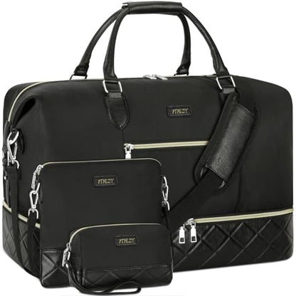 ITIEZY Weekender Overnight Bag for Women - Large Travel Duffel Bag with Shoe Compartment, Gym Duffel Bag Hospital Bag Carry On Tote Bags for Airplanes with Crossbody Bag Toiletry Bag 3Pcs Set - color: 6-Black