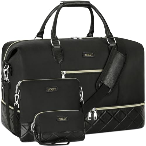 ITIEZY Weekender Overnight Bag for Women - Large Travel Duffel Bag with Shoe Compartment, Gym Duffel Bag Hospital Bag Carry On Tote Bags for Airplanes with Crossbody Bag Toiletry Bag 3Pcs Set - color: 6-Black