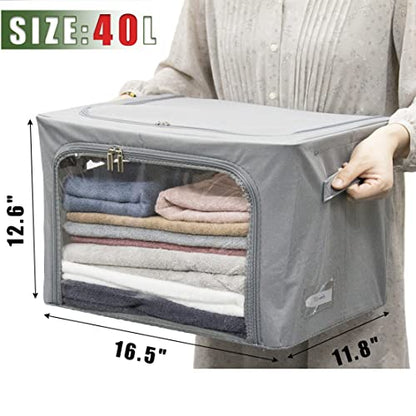 Clothes Storage Box Bins Stackable Foldable Organizer with Metal Frame for Clothing Bedding Shelves,Closet Container with Clear Window Zipper and Label Holder (Gray,Small-40L x3 Pack) - color: Gray,Small-40L x3 Pack
