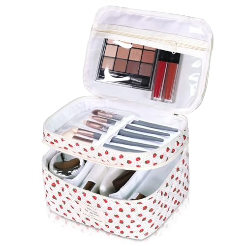 Gosect Makeup Bag, Portable Travel Make up Bag, Large Capacity Quilted Cosmetic Organizer Bag, Cute Floral Toiletry Bag for Women Girls (Strawberry) - color: Strawberry Pattern