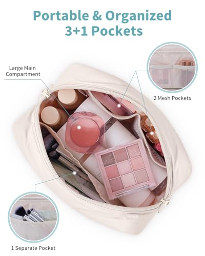 Narwey Puffer Travel Makeup Bag for Women Girl, Quilted Puffy Cosmetic Bag Make Up Bag Organizer, Cute Travel Toiletry Bag for Toiletries (Beige) - color: Beige