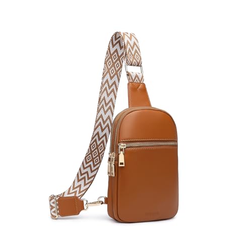 DIOMO Anti Theft Small Sling Bag for Women Cross Body Bag Trendy, RFID Fanny Packs Vegan Leather for Women Travel Belt Purse - color: Brown-Gold Zipper