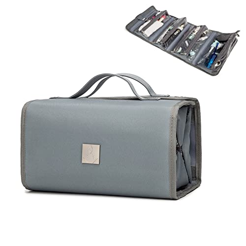 ROYALFAIR Roll Up Makeup Bag, Travel Toiletry Bag for Women with 4 Clear TSA Approved Pouches, Hanging Travel Organizer, Folding Cosmetic Bag for Men and Women - color: Grey