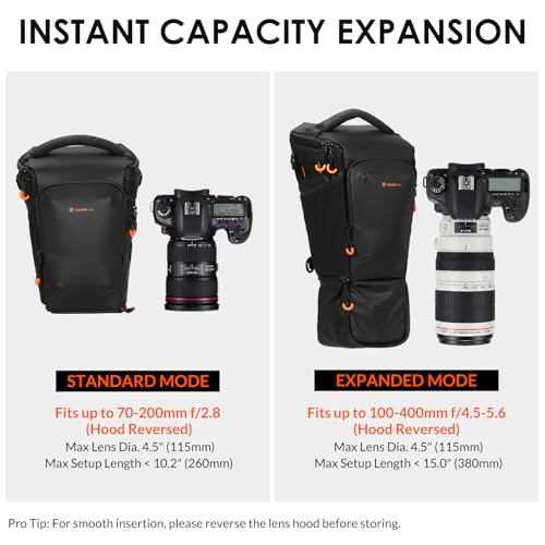 TARION Top Loader Camera Bag - Expandable for DSLR with Attached 70-200mm to 400mm Lens - Waterproof Holster with Shoulder Strap - TriadPack