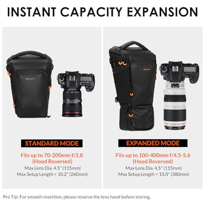 TARION Top Loader Camera Bag - Expandable for DSLR with Attached 70-200mm to 400mm Lens - Waterproof Holster with Shoulder Strap - TriadPack