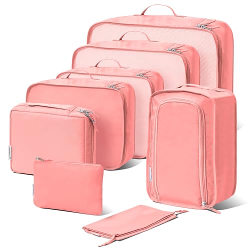 (Not Made In China) Packing Cubes For Travel, Luggage and Suitcase Organizer Bags, Carry On and Backpack Space Savers, Lightweight Waterproof Nylon, 8pc Set, Pink - color: Pink, size: Set of 8