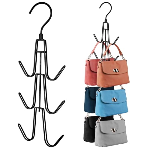 ZEDODIER 3 Pack Purse Organizer for Closet, Heavy-Duty Hanging Purse Hanger Closet Holds Up to 18 Purses, Metal Rotating Space Saving Bag Holder Handbag Storage Hook Backpack Rack, Black - color: Black, size: 3 Pack