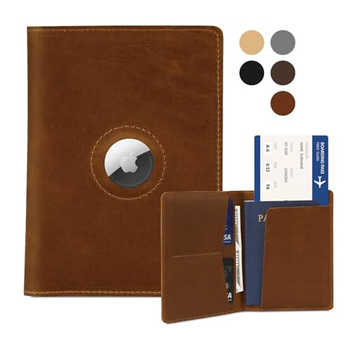 Passport Holder for Men and Women Travel, Real Leather Passport Wallet, Handmade Passport Cover Case with Airtag Slot, Travel Must Haves Essentials Accessories Birthday Gifts(Crazy Horse,Brown) - color: Brown