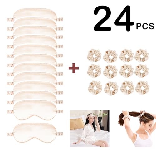 24Pcs Satin Eye Mask Silk Sleep Masks Silky Eyes Cover Blackout Blindfold Eyeshade Scrunchies Hair Ties Travel Wedding Gift - color: Champagne