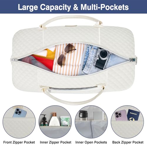 ITIEZY Weekender Overnight Bag for Women - Large Travel Duffel Bag with Shoe Compartment, Gym Duffel Bag Hospital Bag Carry On Tote Bags for Airplanes with Crossbody Bag Toiletry Bag 3Pcs Set - color: 9A-Off White