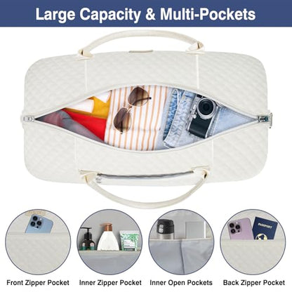 ITIEZY Weekender Overnight Bag for Women - Large Travel Duffel Bag with Shoe Compartment, Gym Duffel Bag Hospital Bag Carry On Tote Bags for Airplanes with Crossbody Bag Toiletry Bag 3Pcs Set - color: 9A-Off White