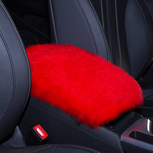 Frienda Furry Armrest Cover Auto Center Console Cover Car Soft Console Pad, Real Sheepskin Wool Soft Fluffy Auto Center Armrest Pad for Most Car Decoration Protector(Red) - color: Red