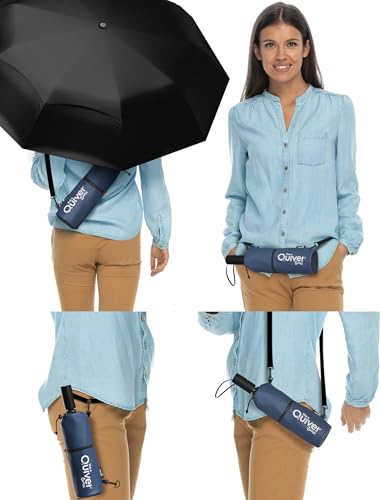Repel Windproof Travel Umbrella - Compact & Withstands Winds up to 100MPH , Strongest Premium Auto Folding Umbrella for Rain and Sun - Durable, Light & Portable for Women & Men , Fits Backpack & Cars - color: Black Umbrella + Navy Blue Carrying Sling