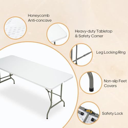 Folding Table 6ft, Heavy-Duty 500lbs Weight Capacity Foldable Table with HDPE Top & Steel Legs, Portable 6 Foot Picnic Table for Indoor Outdoor Parties, Camping, Event